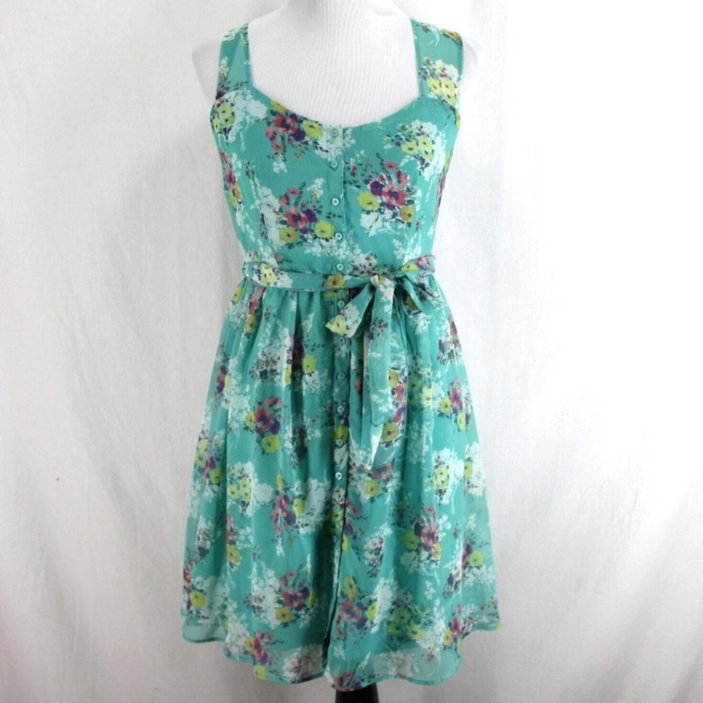 LC Lauren Conrad Dress Womens Sz 10 Turquoise Floral Sleeveless Fabric Belt